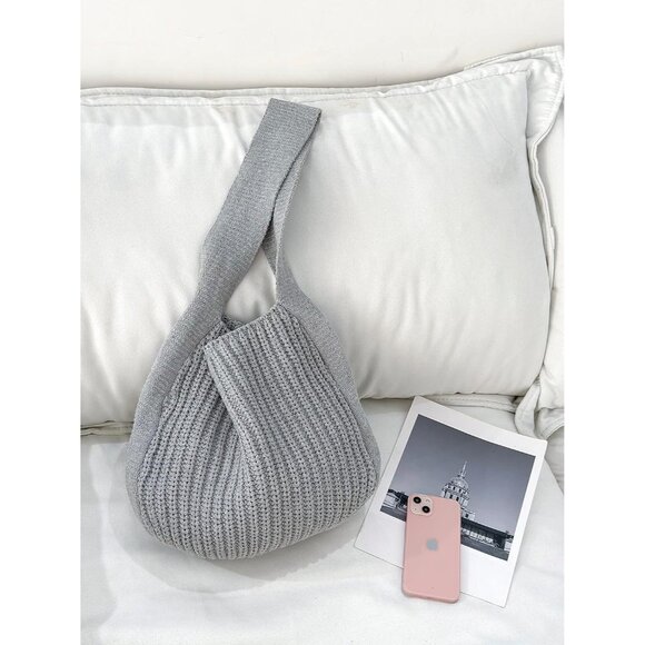 Women's Grey Shoulder Handbags Crocheted Bags Large Knit Bag Tote Bag - Picture 4 of 9